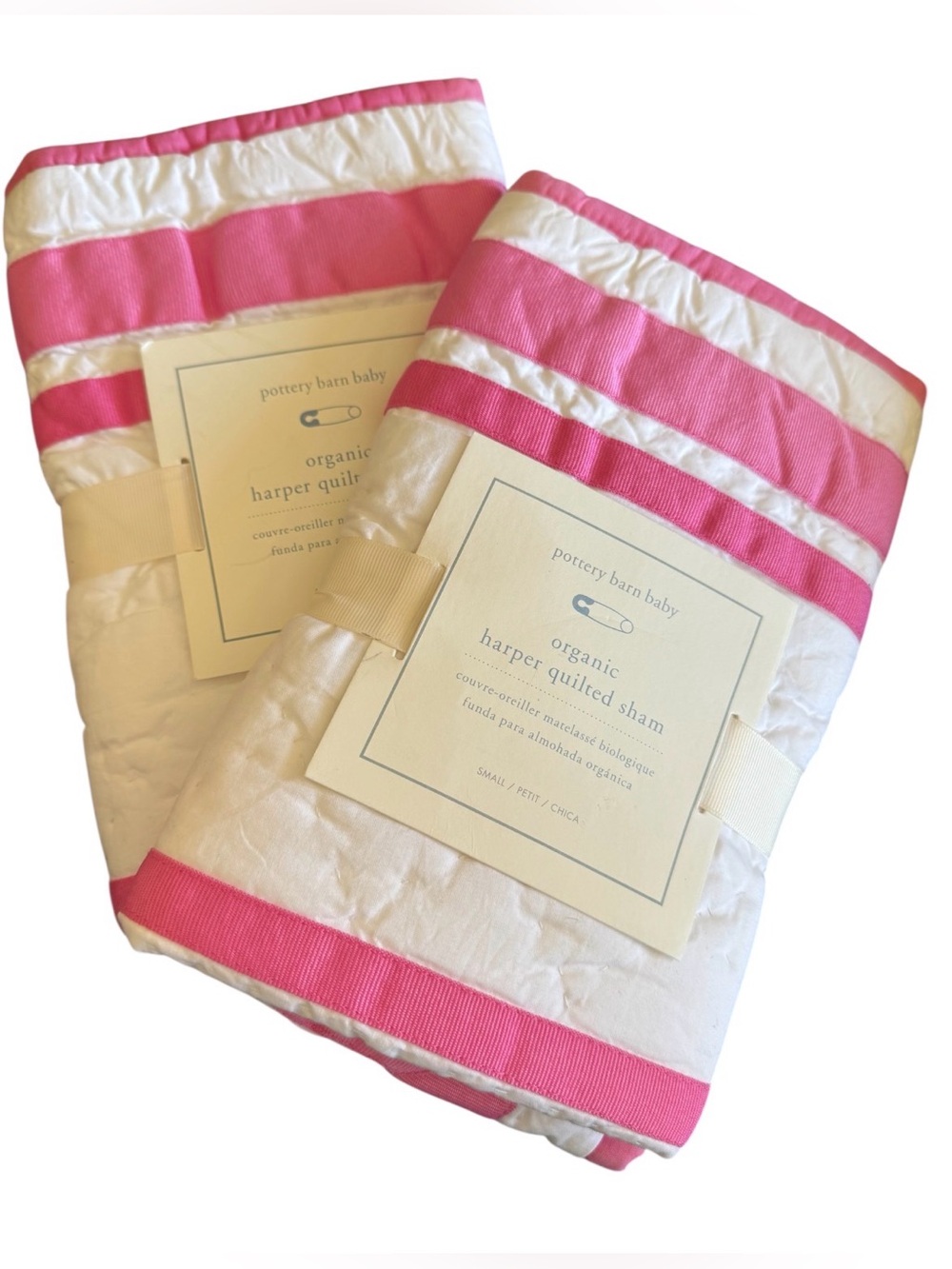 NWT 2 Pottery Barn Baby Harper Pink Ribbon Trim Quilted Pillow Shams Covers